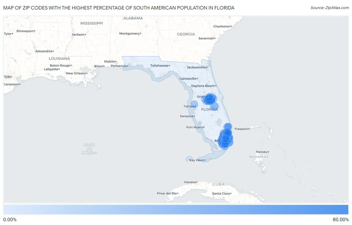Zip Codes with the Highest Percentage of South American Population in Florida Map