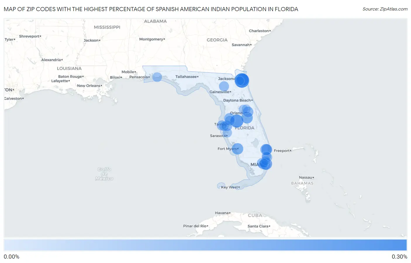 Zip Codes with the Highest Percentage of Spanish American Indian Population in Florida Map