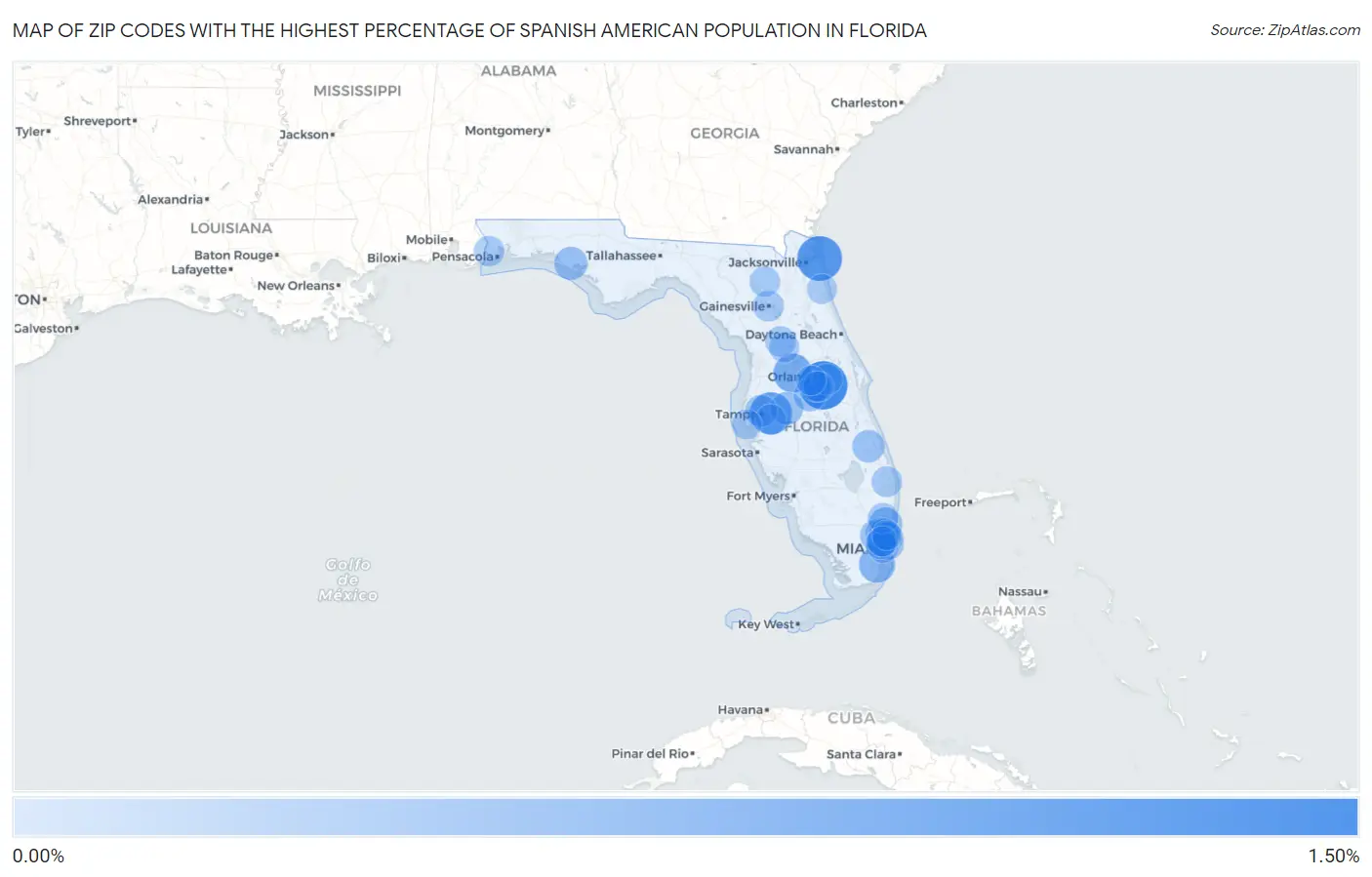 Zip Codes with the Highest Percentage of Spanish American Population in Florida Map