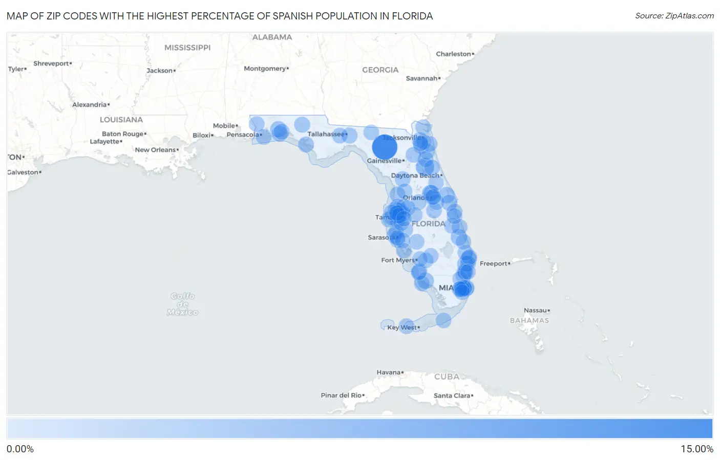 Zip Codes with the Highest Percentage of Spanish Population in Florida Map