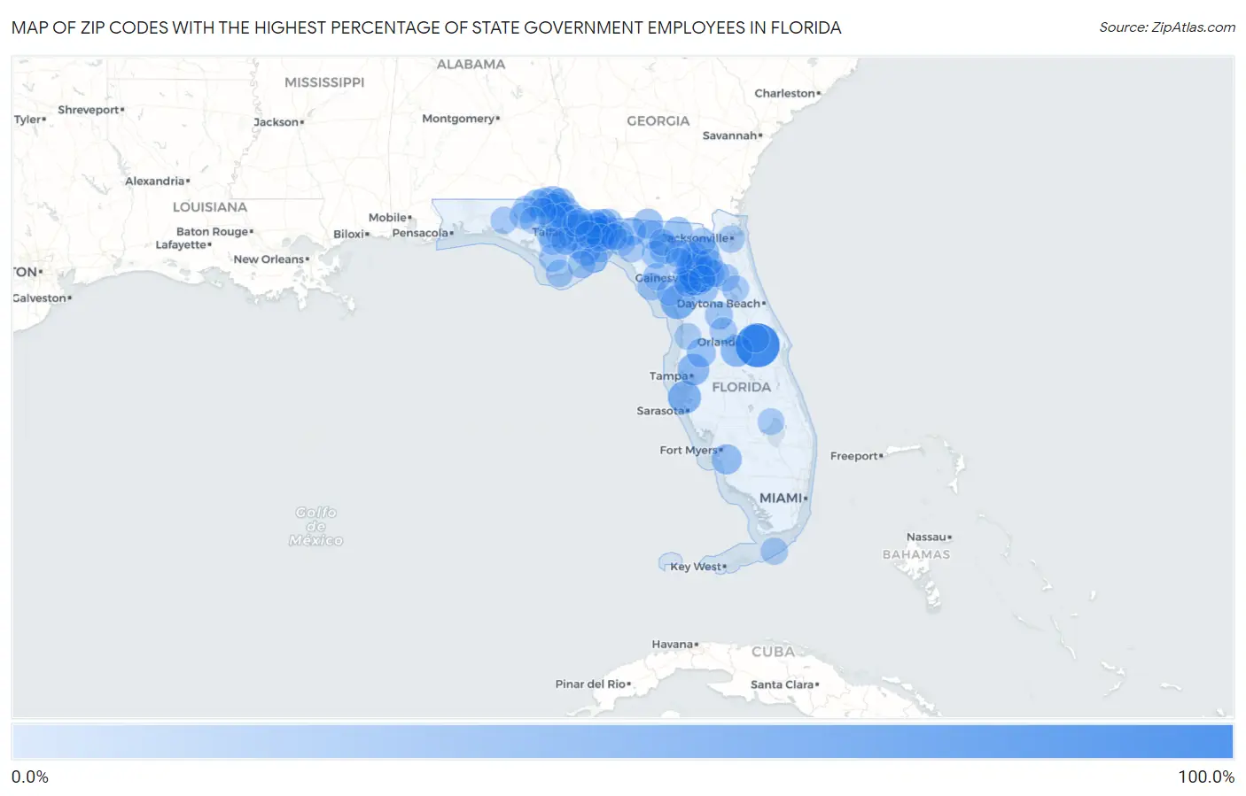Zip Codes with the Highest Percentage of State Government Employees in Florida Map