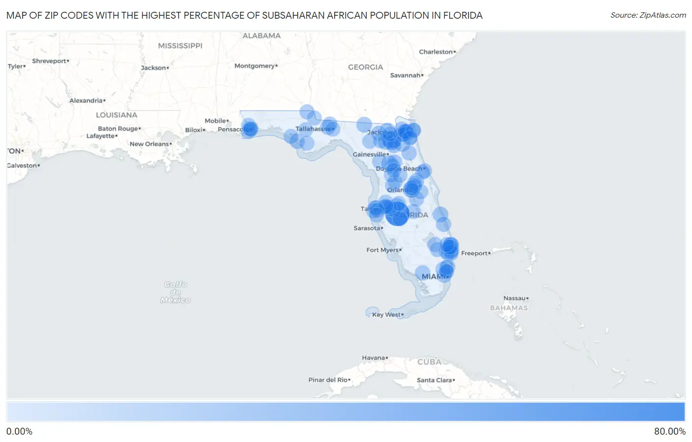 Zip Codes with the Highest Percentage of Subsaharan African Population in Florida Map