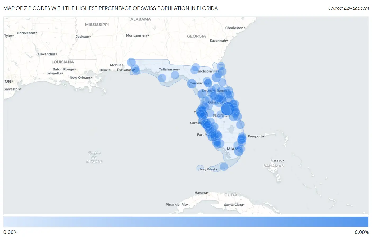 Zip Codes with the Highest Percentage of Swiss Population in Florida Map