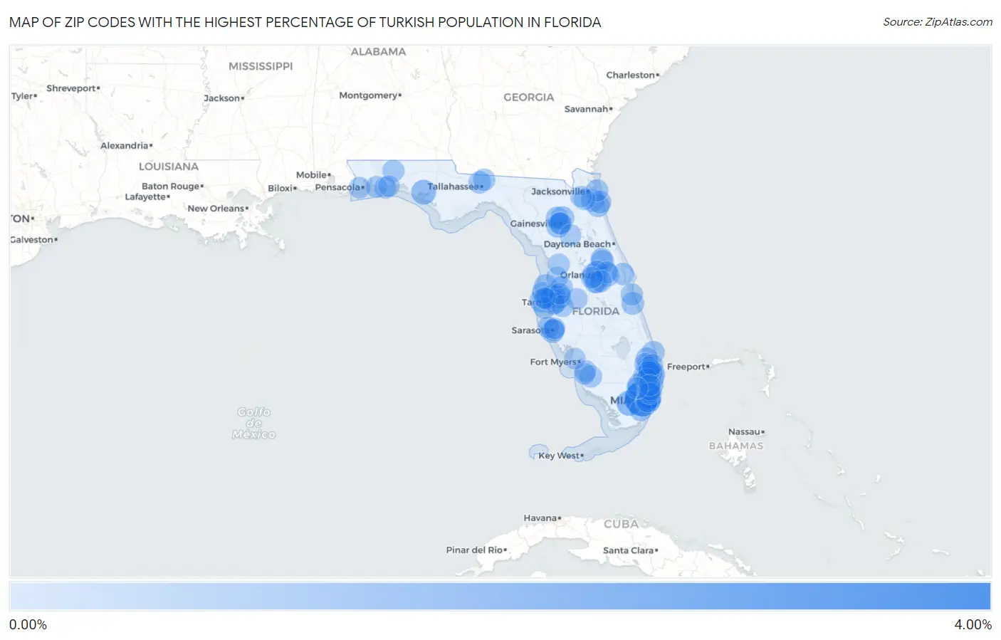 Zip Codes with the Highest Percentage of Turkish Population in Florida Map