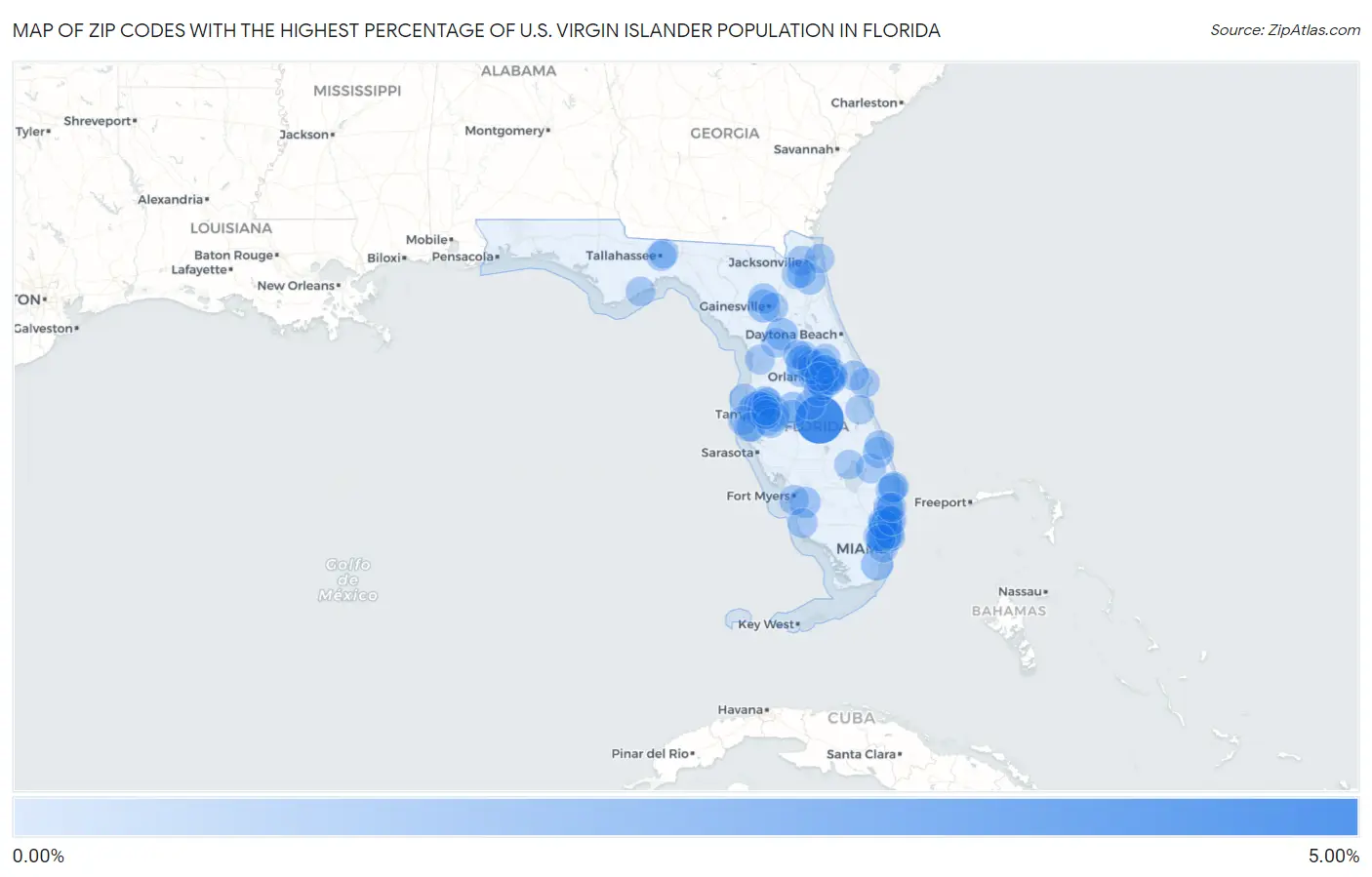 Zip Codes with the Highest Percentage of U.S. Virgin Islander Population in Florida Map