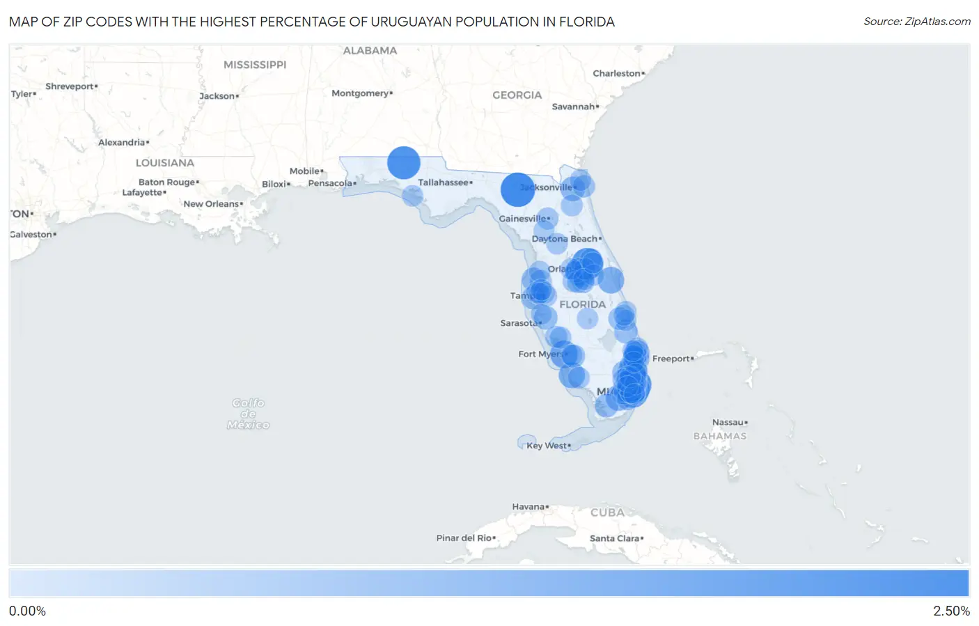 Zip Codes with the Highest Percentage of Uruguayan Population in Florida Map