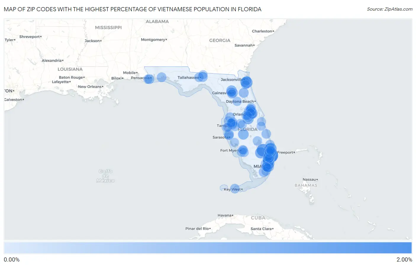 Zip Codes with the Highest Percentage of Vietnamese Population in Florida Map