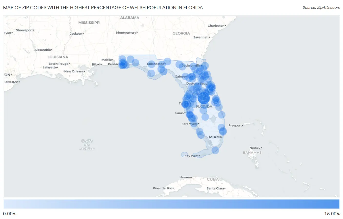 Zip Codes with the Highest Percentage of Welsh Population in Florida Map