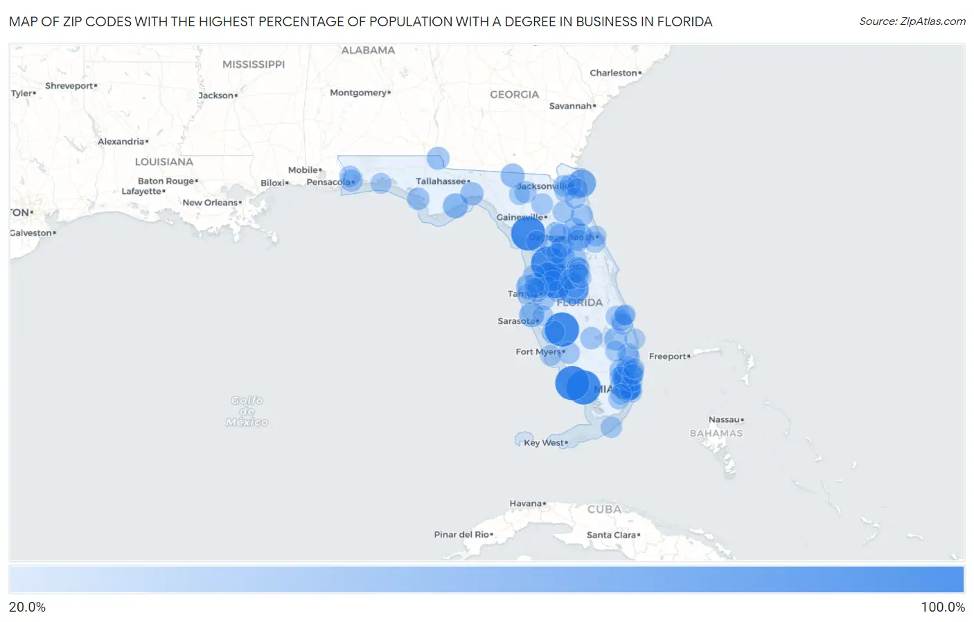 Zip Codes with the Highest Percentage of Population with a Degree in Business in Florida Map
