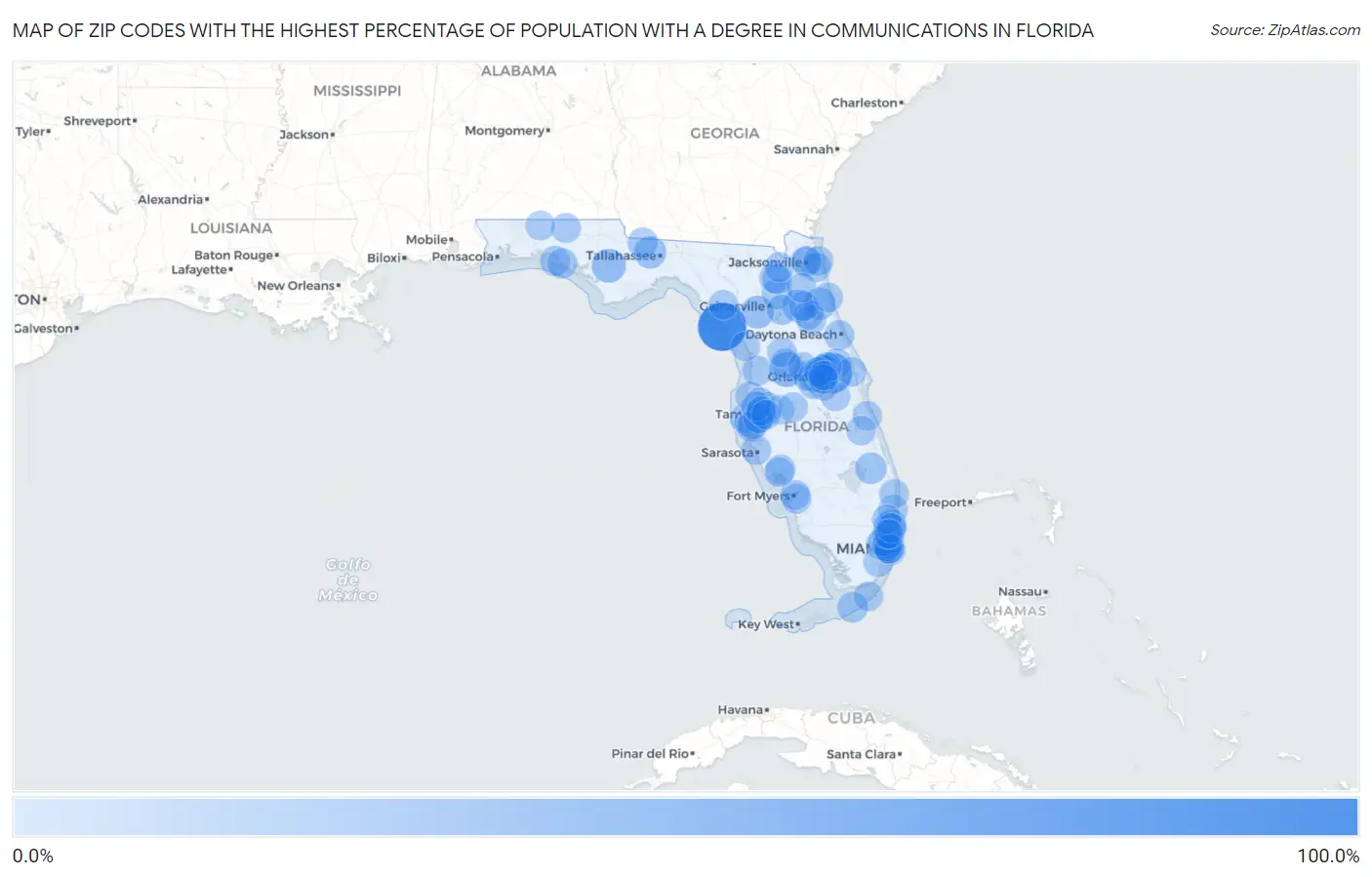 Zip Codes with the Highest Percentage of Population with a Degree in Communications in Florida Map