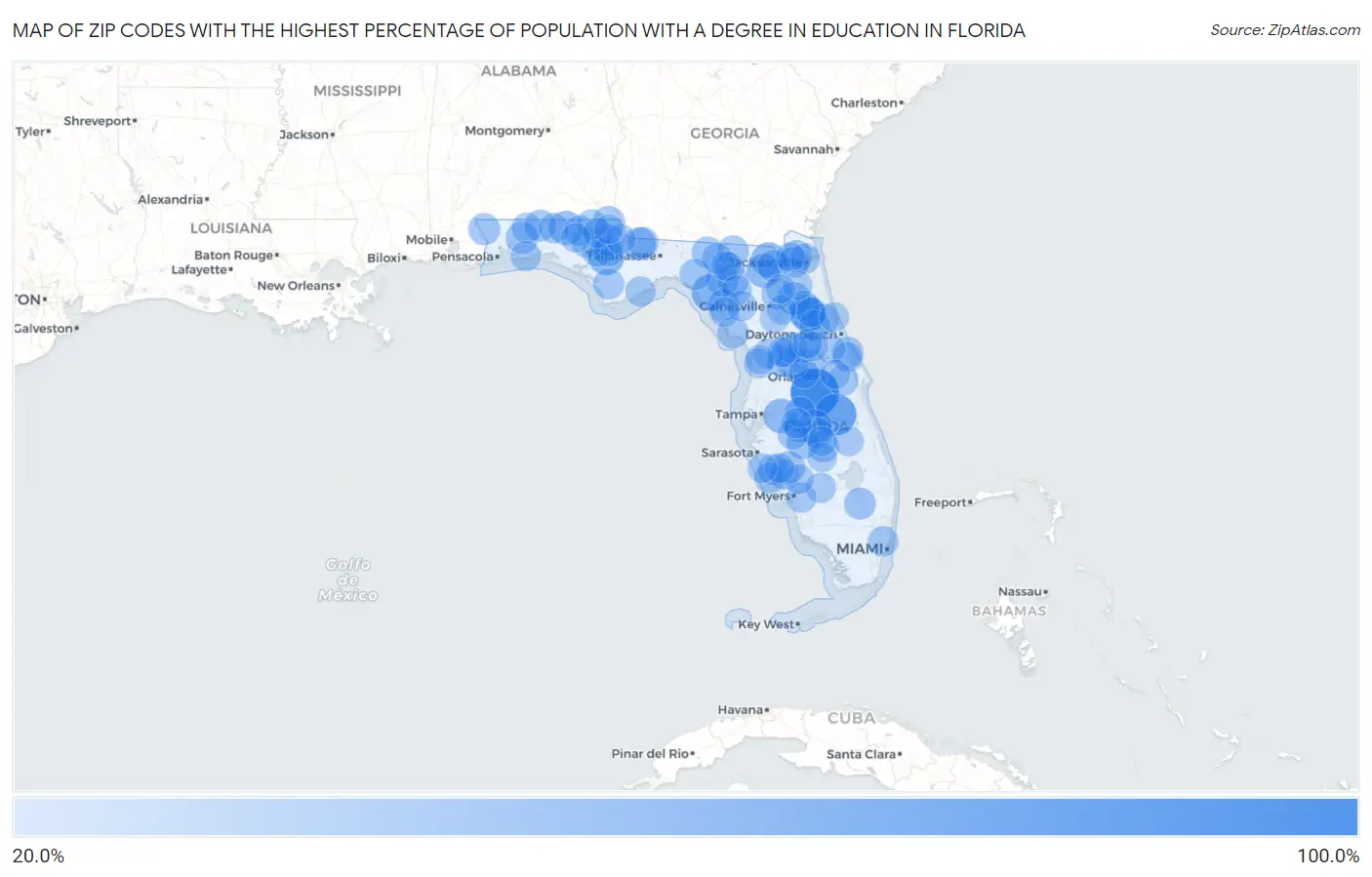 Zip Codes with the Highest Percentage of Population with a Degree in Education in Florida Map