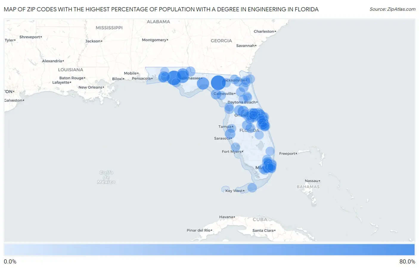 Zip Codes with the Highest Percentage of Population with a Degree in Engineering in Florida Map