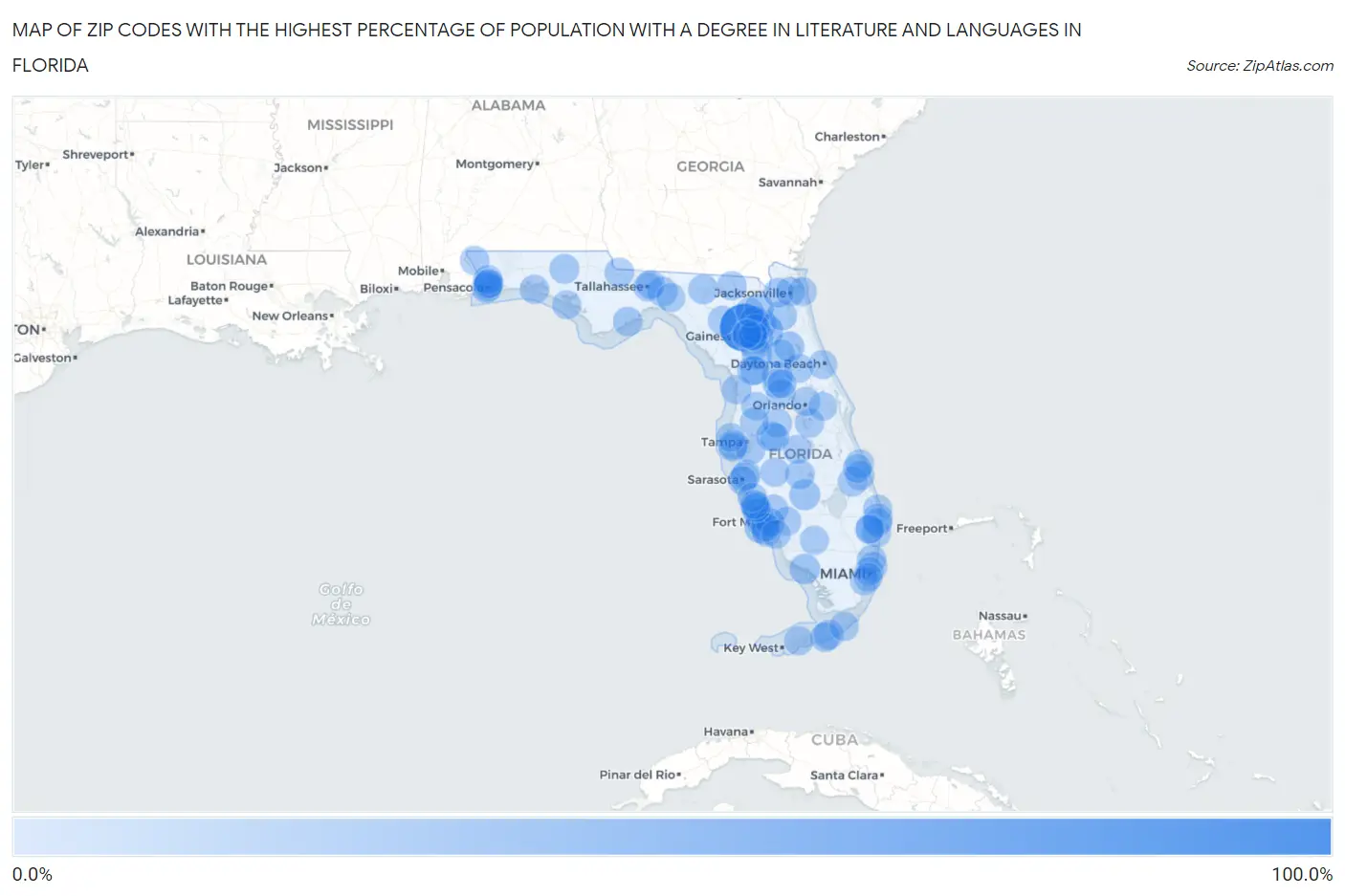 Zip Codes with the Highest Percentage of Population with a Degree in Literature and Languages in Florida Map