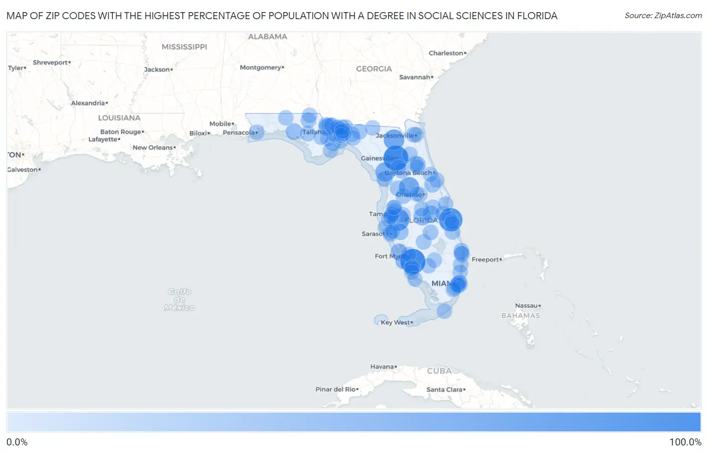 Zip Codes with the Highest Percentage of Population with a Degree in Social Sciences in Florida Map