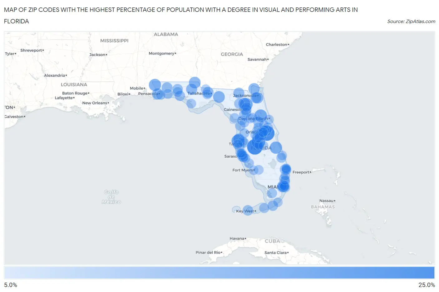 Zip Codes with the Highest Percentage of Population with a Degree in Visual and Performing Arts in Florida Map
