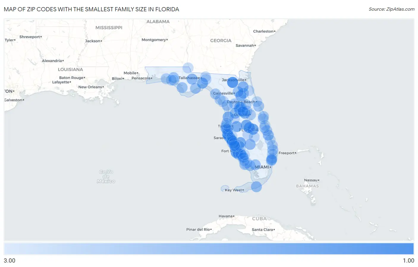 Zip Codes with the Smallest Family Size in Florida Map