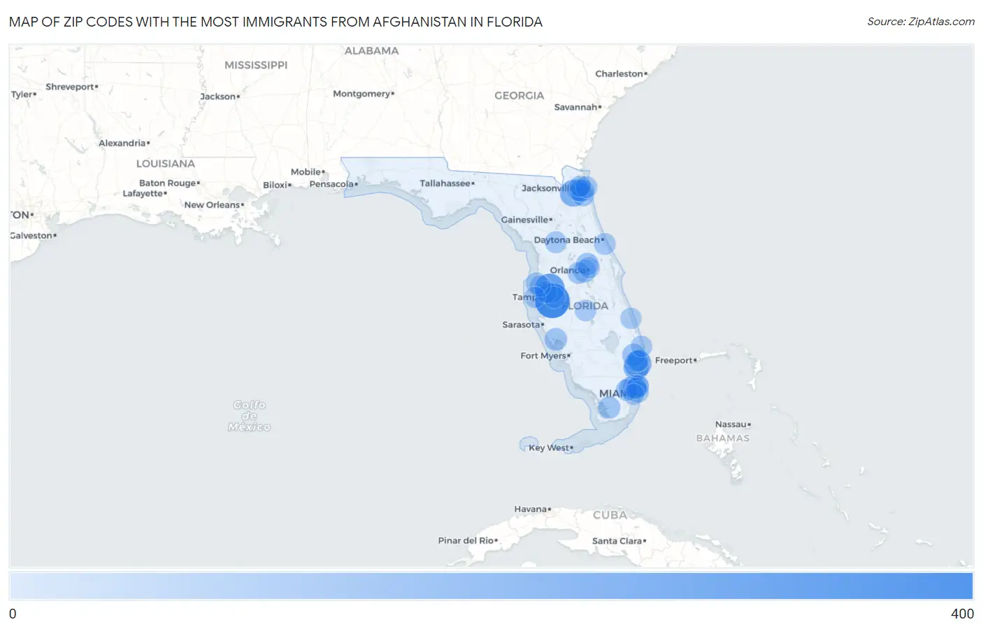 Zip Codes with the Most Immigrants from Afghanistan in Florida Map