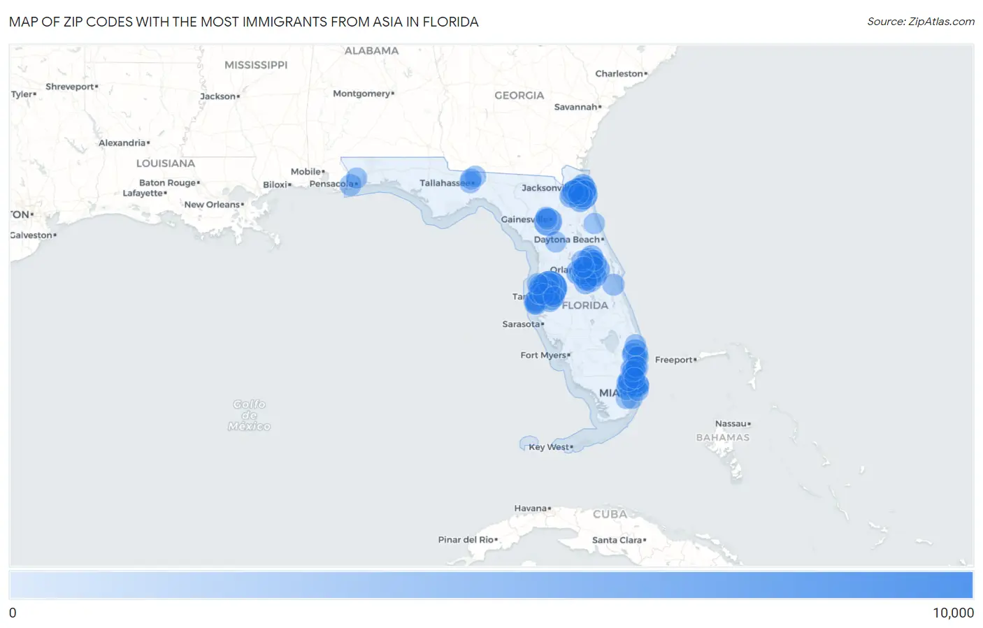 Zip Codes with the Most Immigrants from Asia in Florida Map
