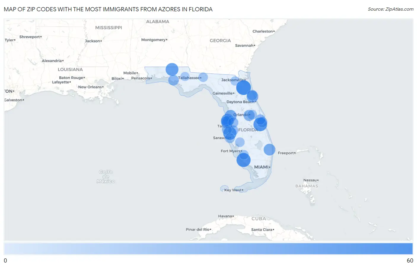 Zip Codes with the Most Immigrants from Azores in Florida Map