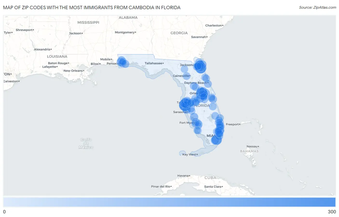 Zip Codes with the Most Immigrants from Cambodia in Florida Map