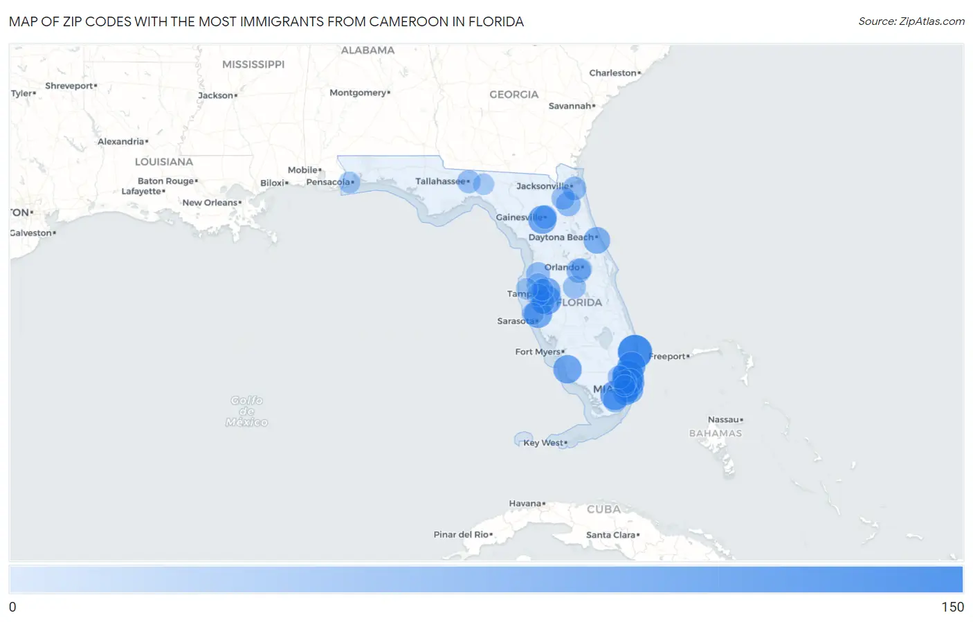 Zip Codes with the Most Immigrants from Cameroon in Florida Map