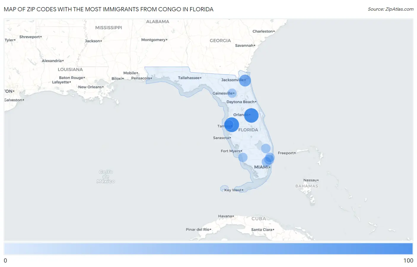 Zip Codes with the Most Immigrants from Congo in Florida Map