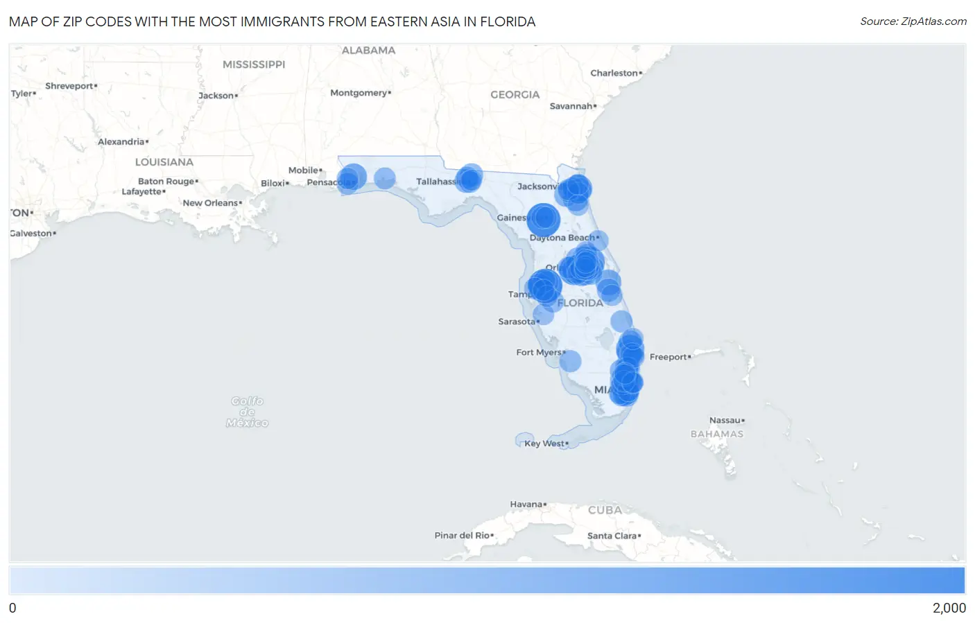 Zip Codes with the Most Immigrants from Eastern Asia in Florida Map