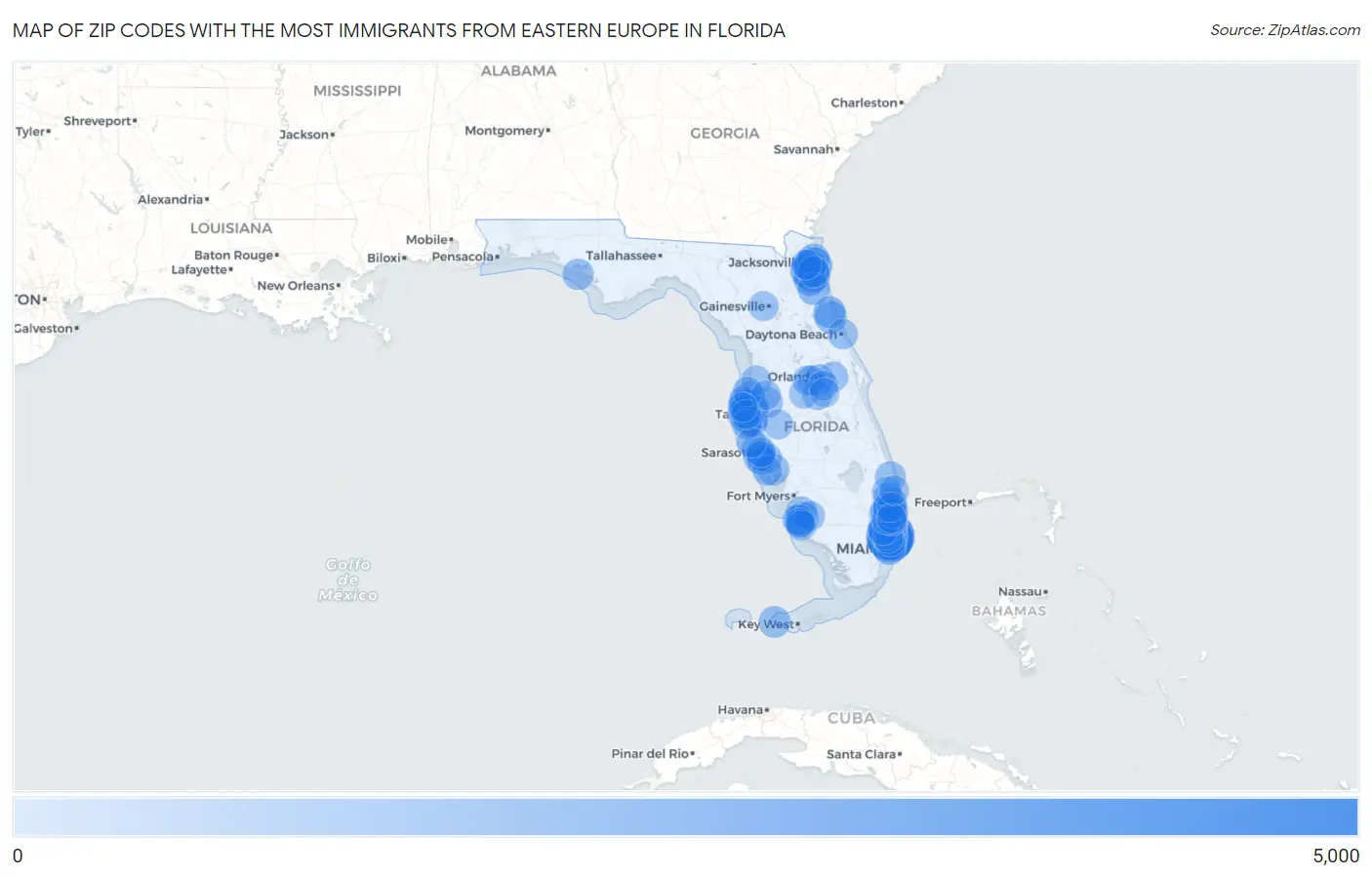 Zip Codes with the Most Immigrants from Eastern Europe in Florida Map