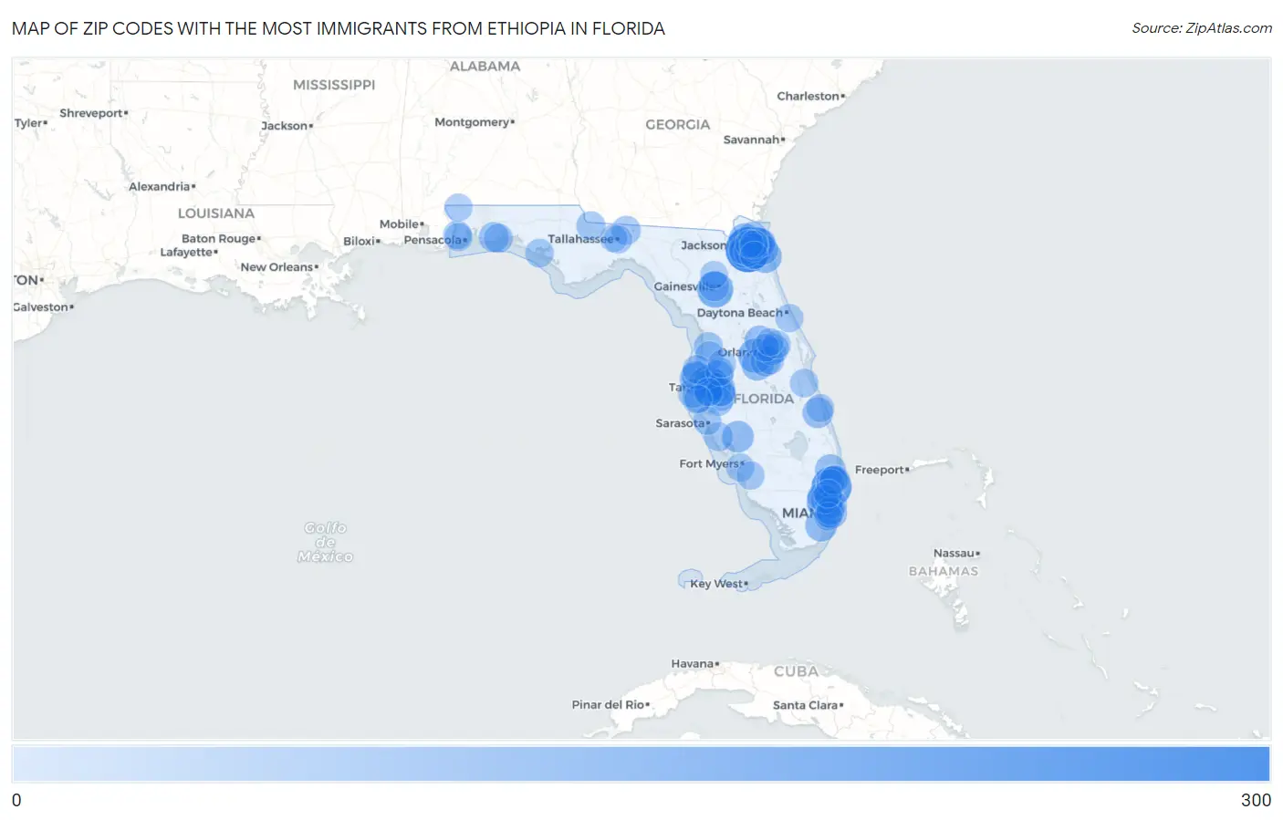 Zip Codes with the Most Immigrants from Ethiopia in Florida Map