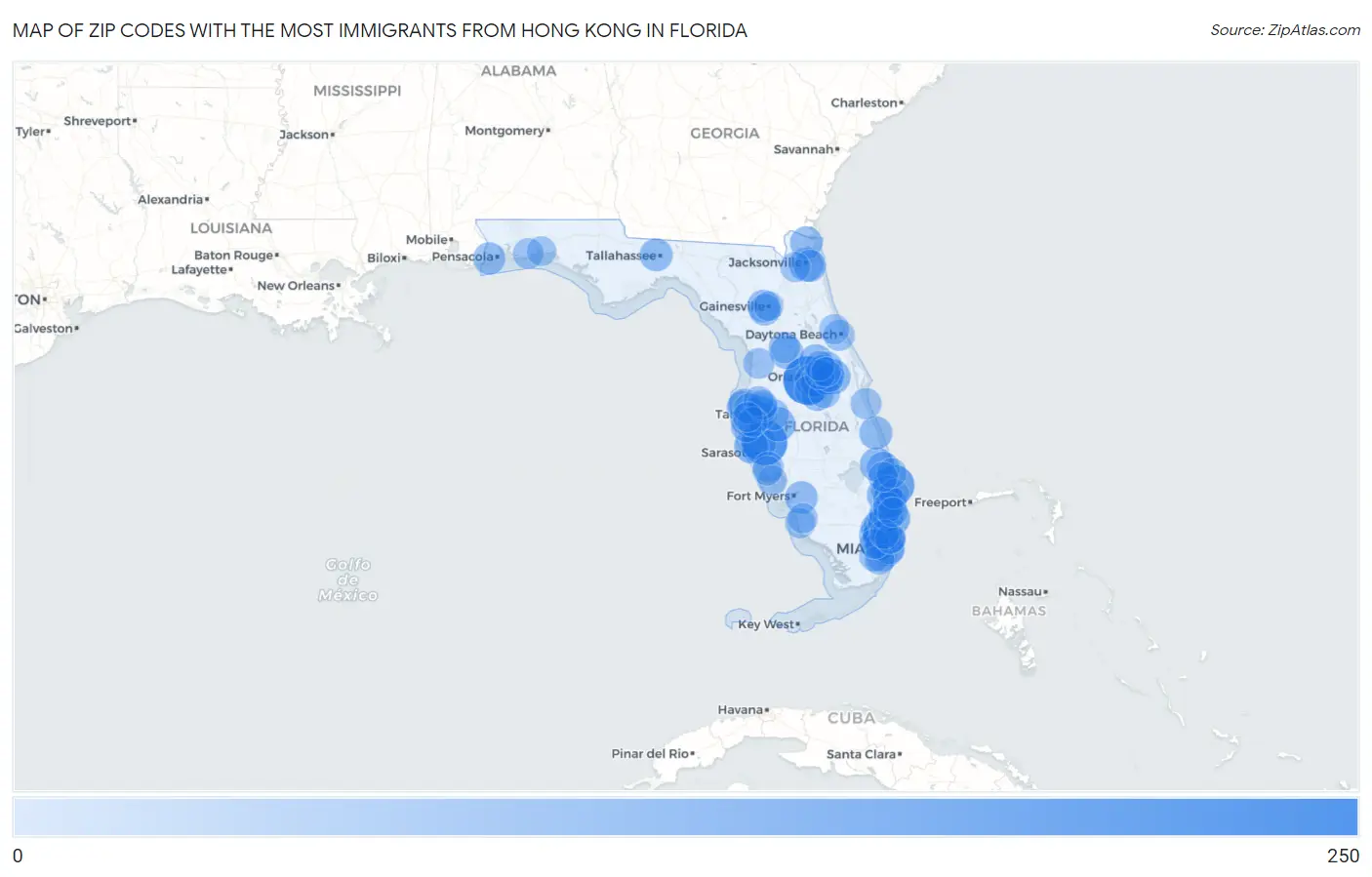 Zip Codes with the Most Immigrants from Hong Kong in Florida Map