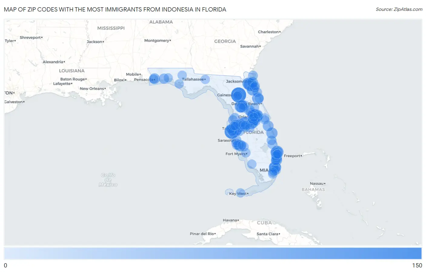 Zip Codes with the Most Immigrants from Indonesia in Florida Map