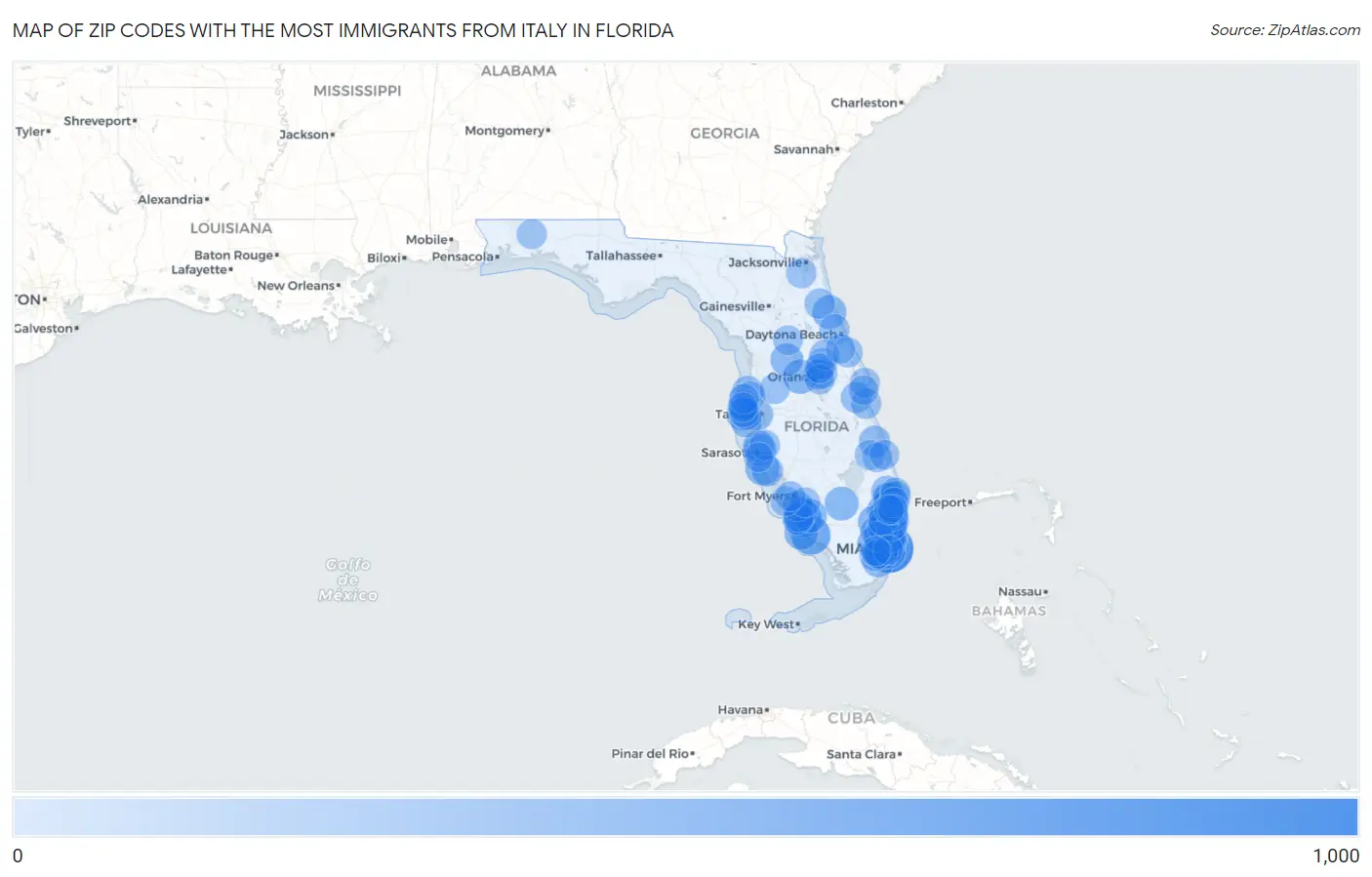 Zip Codes with the Most Immigrants from Italy in Florida Map