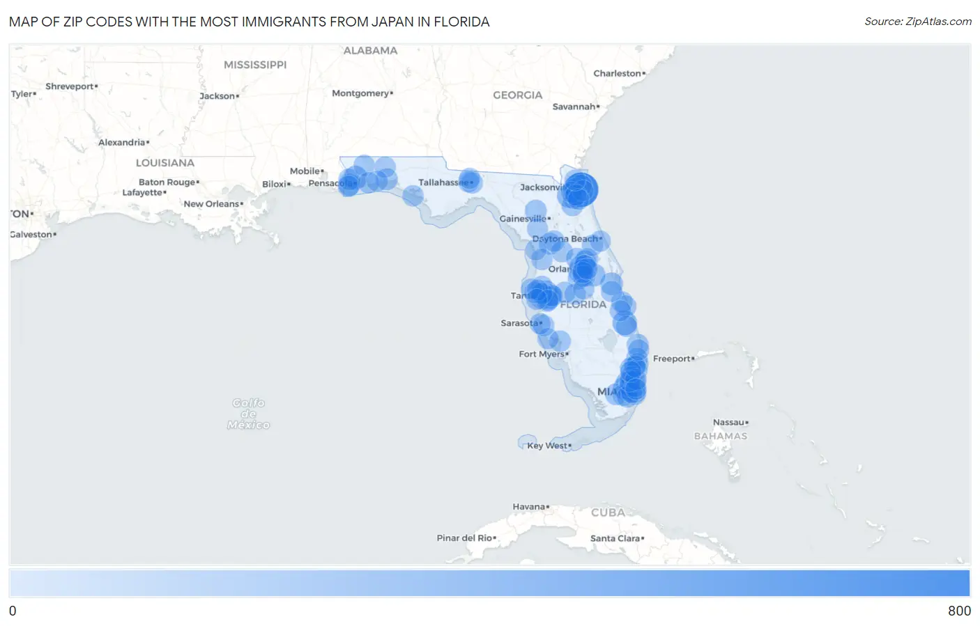 Zip Codes with the Most Immigrants from Japan in Florida Map