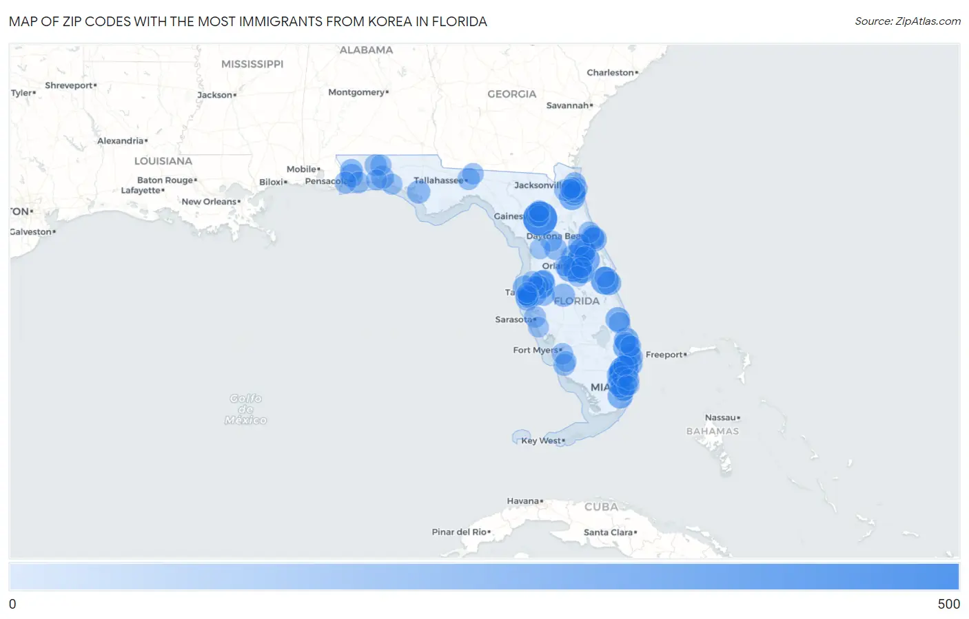 Zip Codes with the Most Immigrants from Korea in Florida Map
