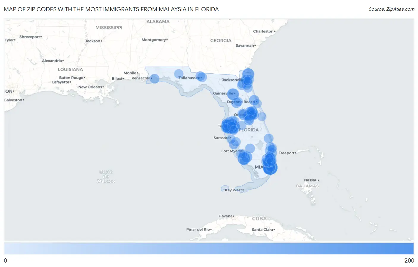 Zip Codes with the Most Immigrants from Malaysia in Florida Map