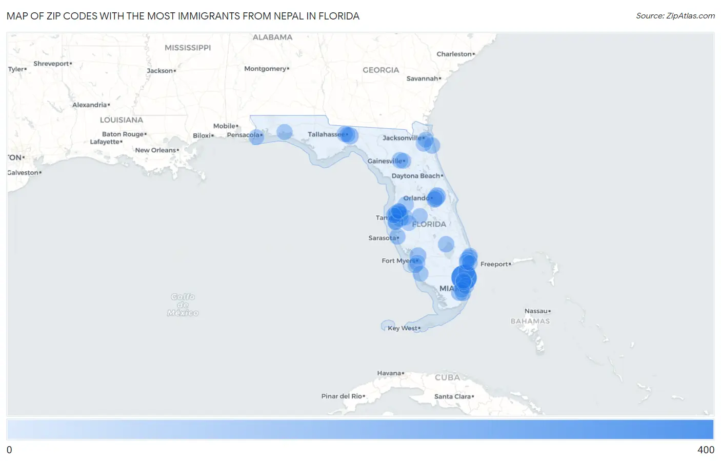 Zip Codes with the Most Immigrants from Nepal in Florida Map