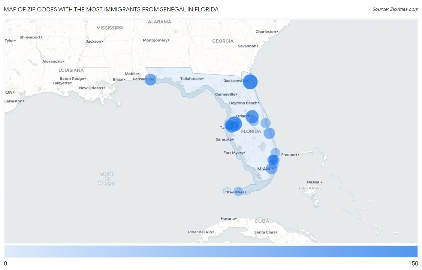Zip Codes with the Most Immigrants from Senegal in Florida Map