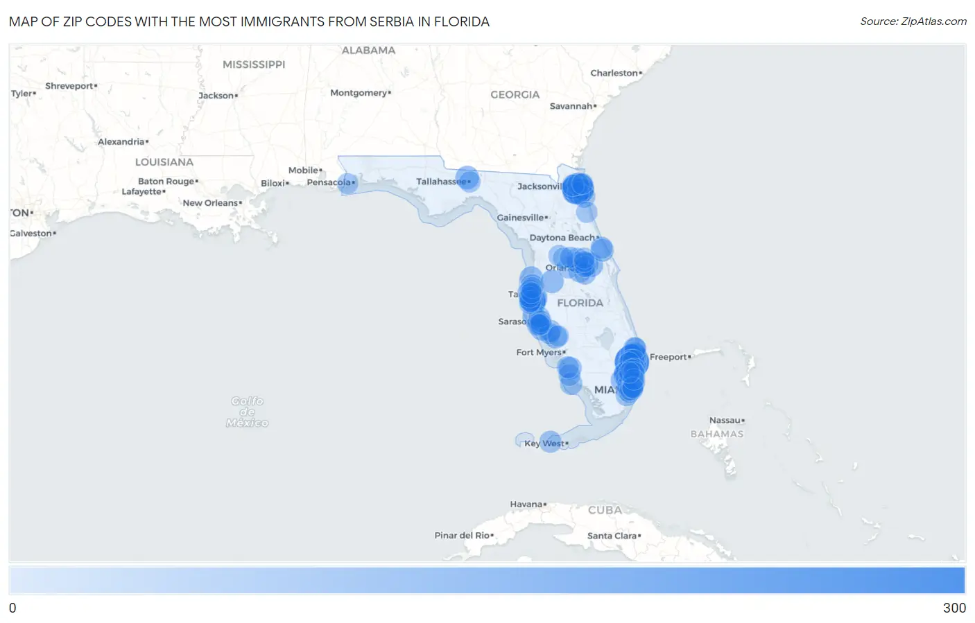 Zip Codes with the Most Immigrants from Serbia in Florida Map