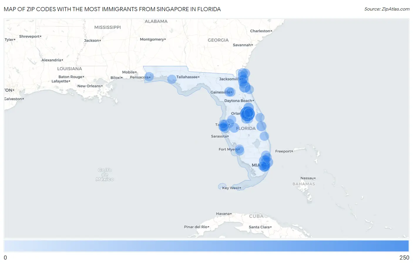 Zip Codes with the Most Immigrants from Singapore in Florida Map