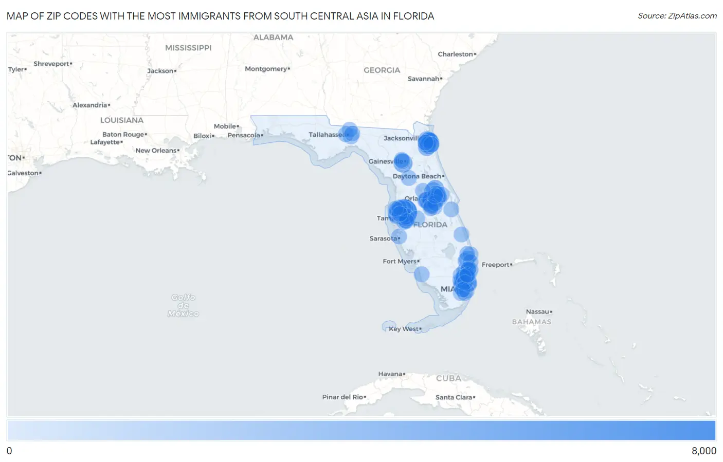 Zip Codes with the Most Immigrants from South Central Asia in Florida Map