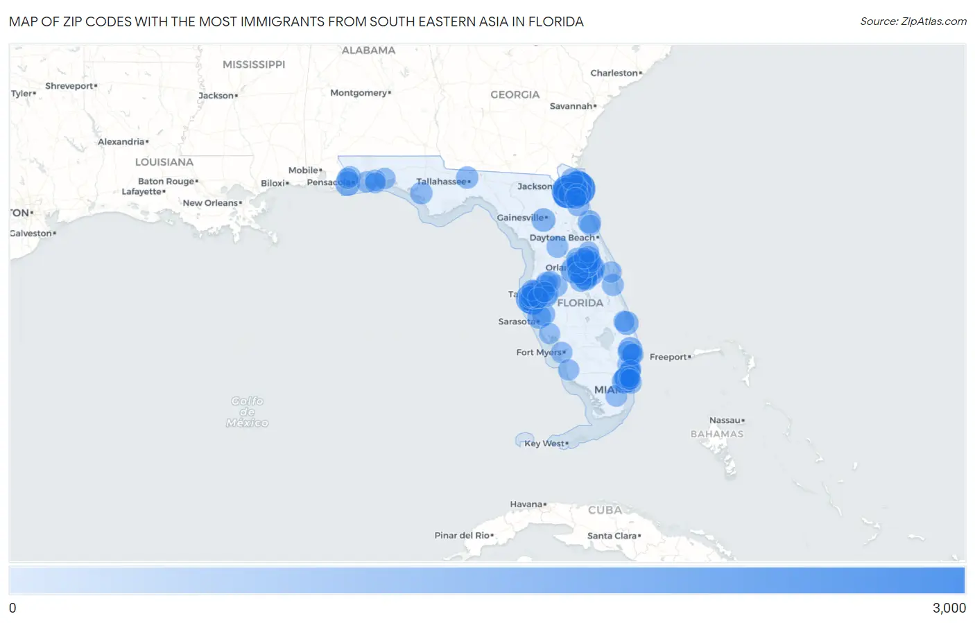 Zip Codes with the Most Immigrants from South Eastern Asia in Florida Map