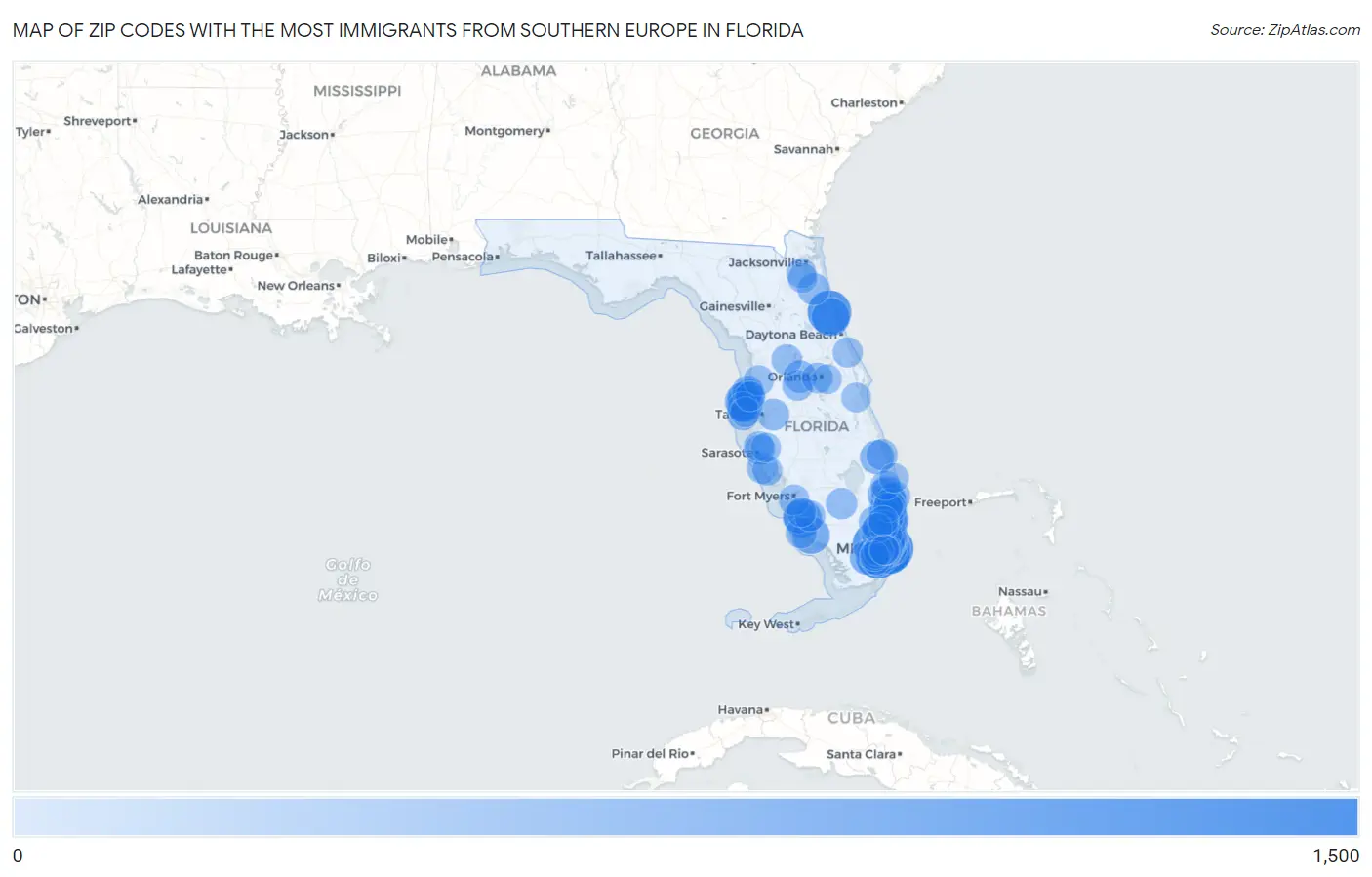 Zip Codes with the Most Immigrants from Southern Europe in Florida Map