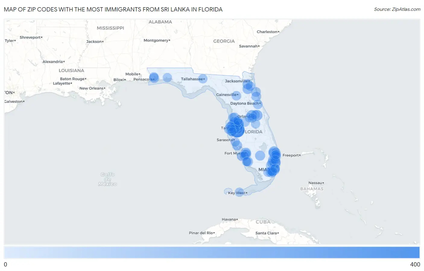 Zip Codes with the Most Immigrants from Sri Lanka in Florida Map