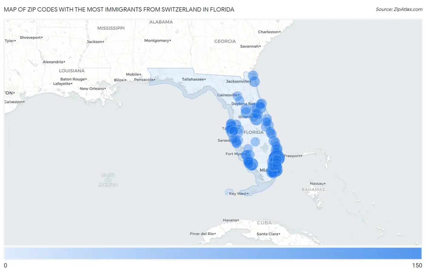 Zip Codes with the Most Immigrants from Switzerland in Florida Map
