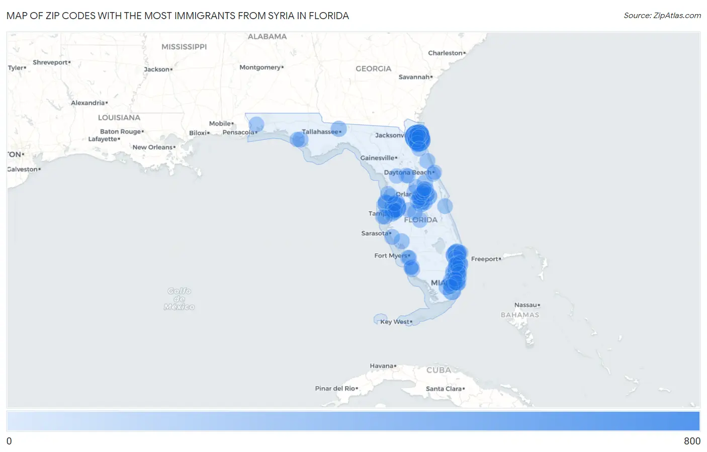 Zip Codes with the Most Immigrants from Syria in Florida Map