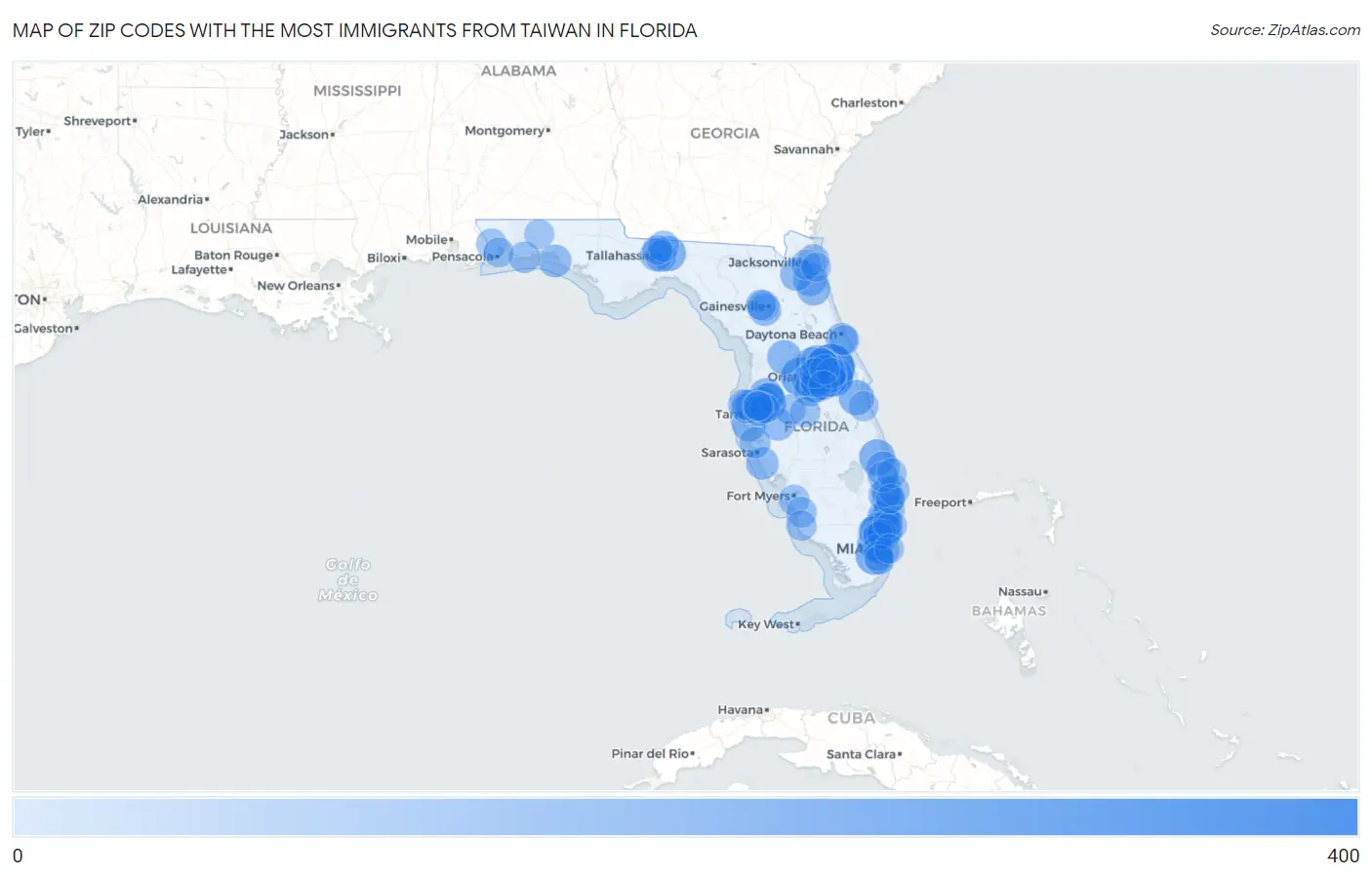 Zip Codes with the Most Immigrants from Taiwan in Florida Map