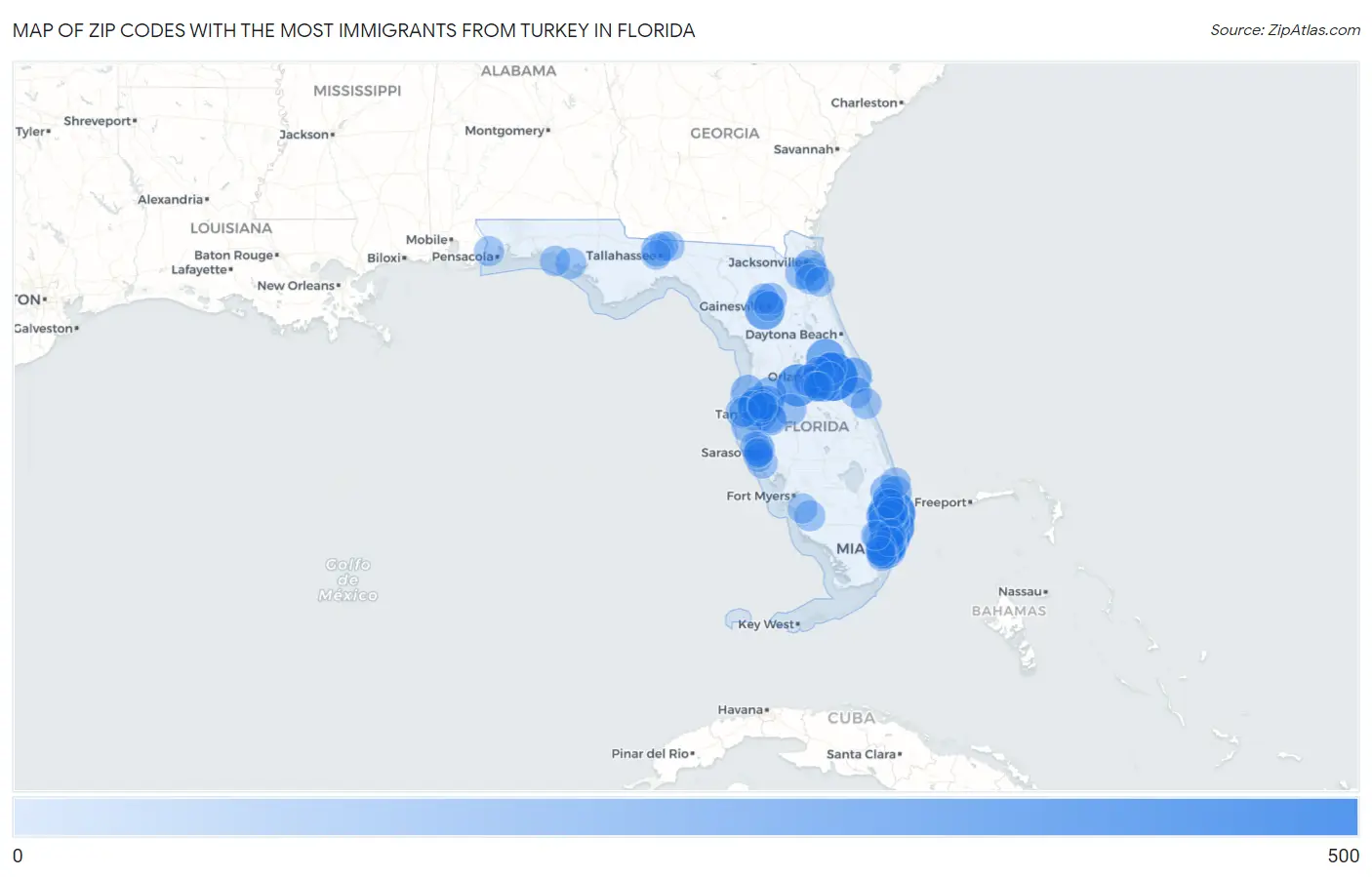 Zip Codes with the Most Immigrants from Turkey in Florida Map
