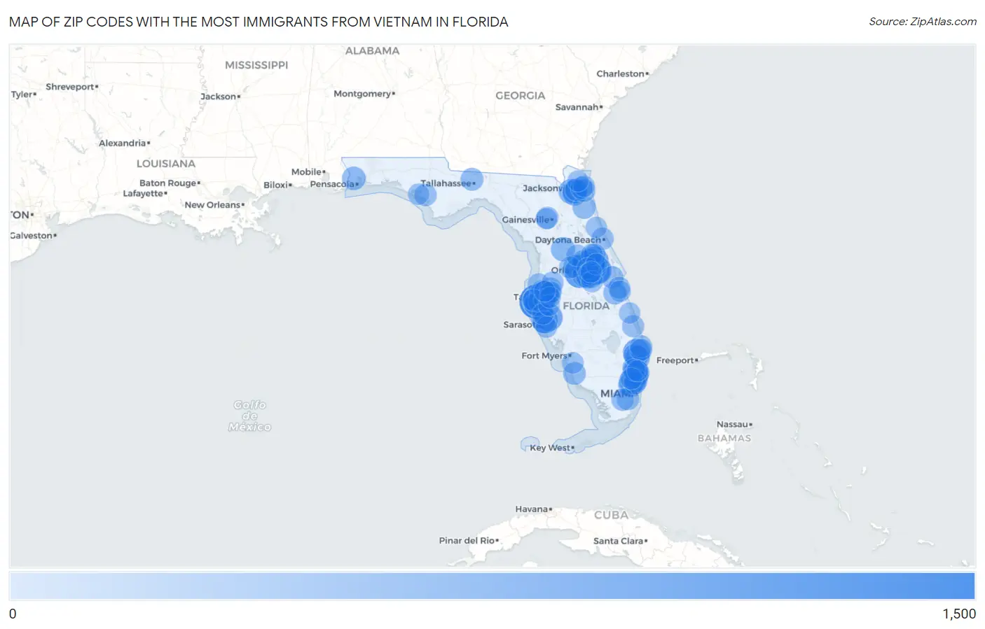 Zip Codes with the Most Immigrants from Vietnam in Florida Map
