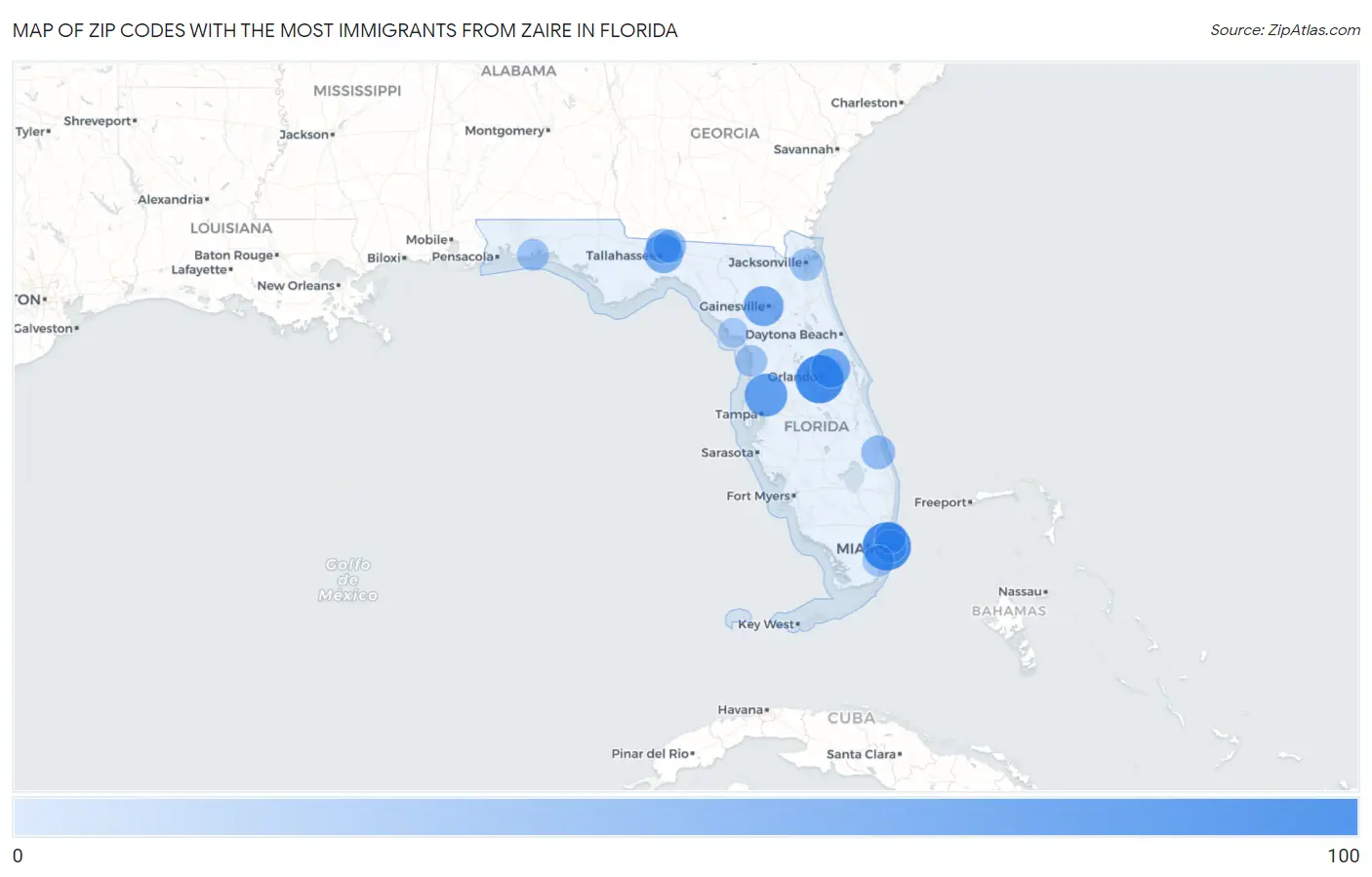 Zip Codes with the Most Immigrants from Zaire in Florida Map