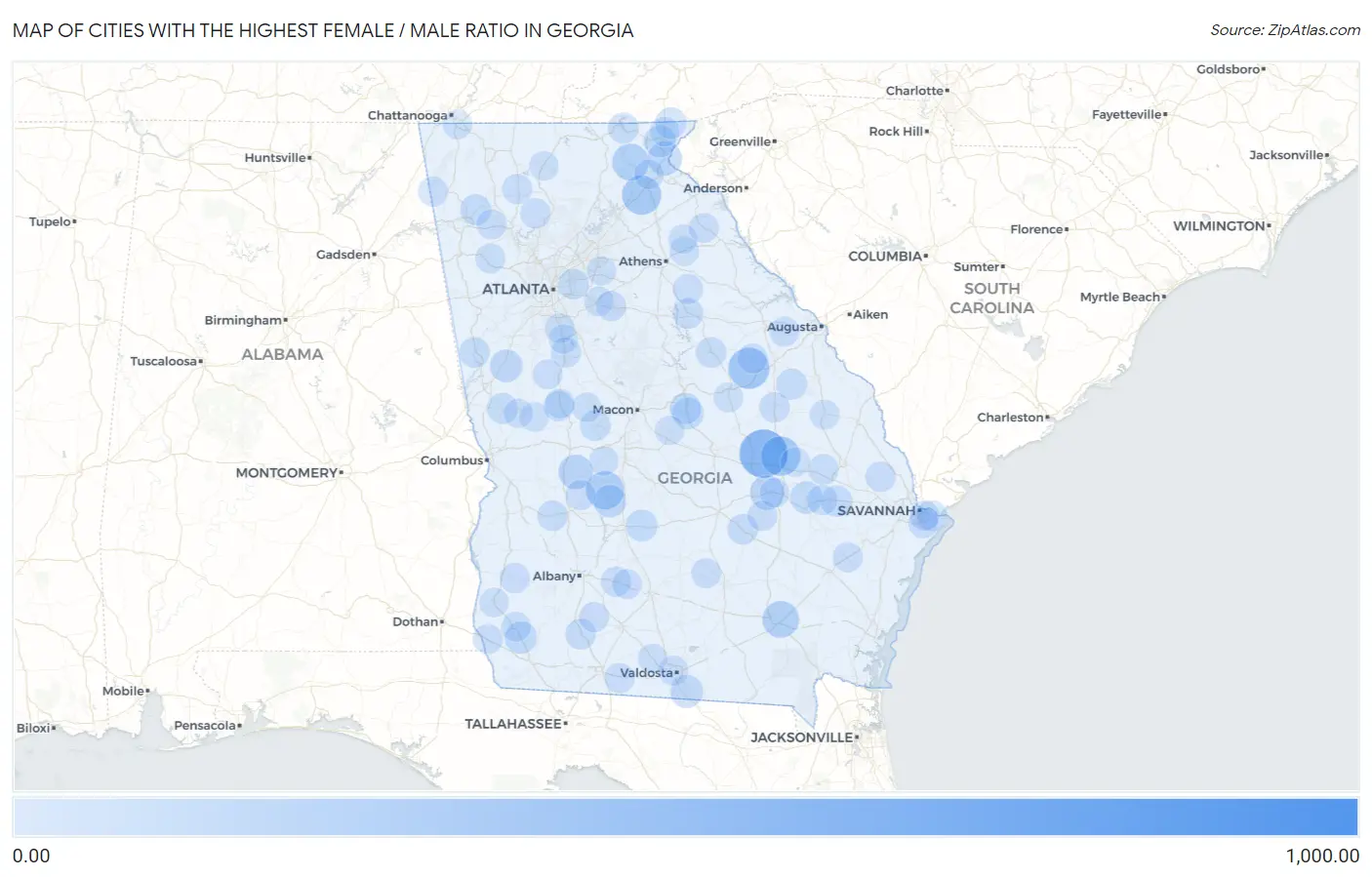 Cities with the Highest Female / Male Ratio in Georgia Map